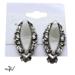 Vintage Whiting & Davis Clip On Earrings Silver Tone White Marquise - Hey Viv